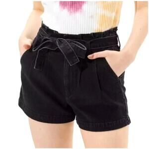 American Eagle black mom paper bag denim jean shorts with tie waist grunge sz 4